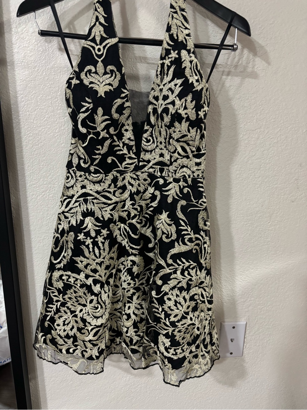 Xtraordinary Black & Gold Embroidered V-Neck Fit-and-Flare Dress
